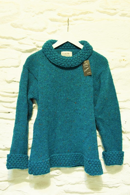 Cowl polo neck sweater with berry stitch edges – Turquoise – Rossan Knitwear - front