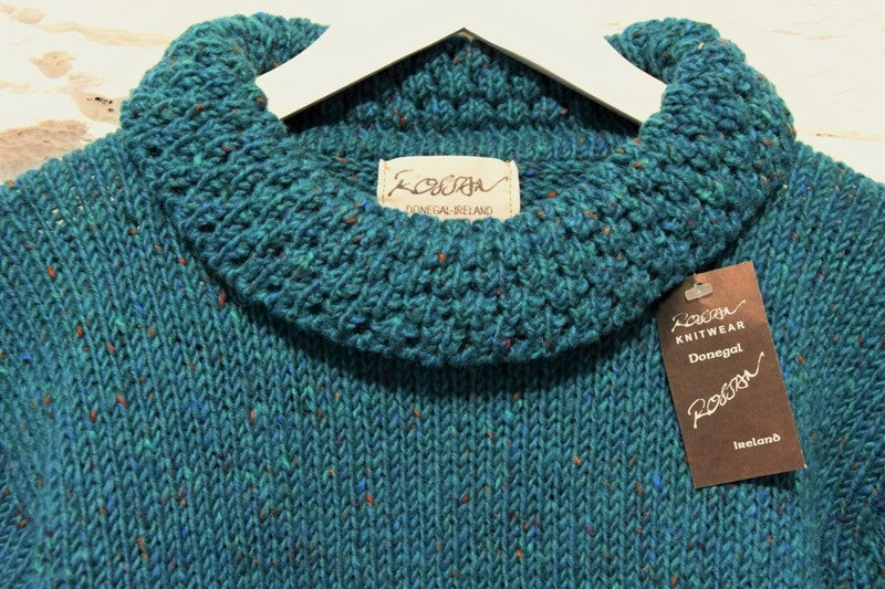 Cowl polo neck sweater with berry stitch edges – Turquoise – Rossan Knitwear - neck detailing