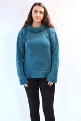 Cowl polo neck sweater with berry stitch edges – Turquoise – Rossan Knitwear