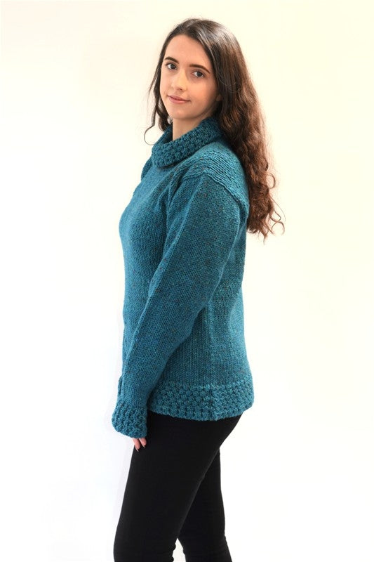 Cowl polo neck sweater with berry stitch edges – Turquoise – Rossan Knitwear - side