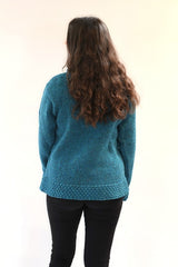 Cowl polo neck sweater with berry stitch edges – Turquoise – Rossan Knitwear - back