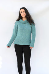 Cowl polo neck sweater with herringbone stitch edges – Aqua – Rossan Knitwear