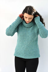 Cowl polo neck sweater with herringbone stitch edges – Aqua – Rossan Knitwear