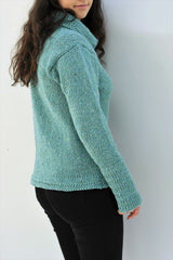 Cowl polo neck sweater with herringbone stitch edges – Aqua – Rossan Knitwear - side