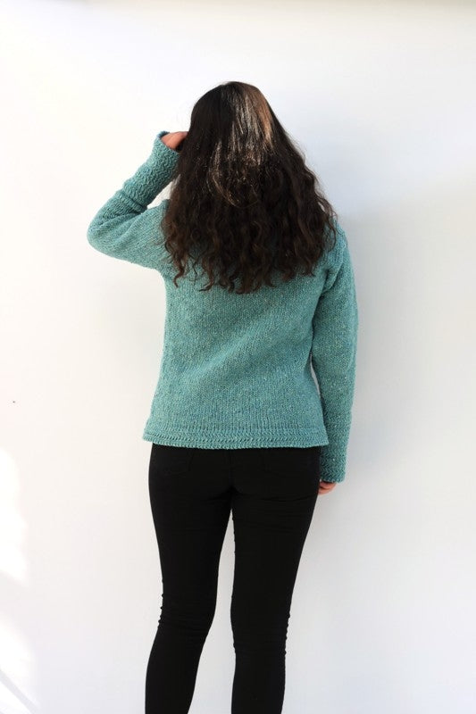 Cowl polo neck sweater with herringbone stitch edges – Aqua – Rossan Knitwear - back