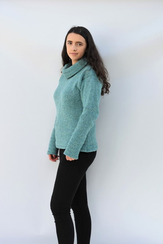 Cowl polo neck sweater with herringbone stitch edges – Aqua – Rossan Knitwear - side