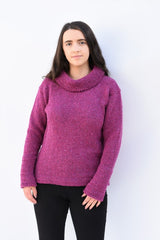 Cowl polo neck sweater with herringbone stitch edges – Pink – Rossan Knitwear