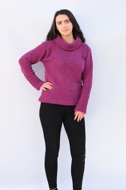 Cowl polo neck sweater with herringbone stitch edges – Pink – Rossan Knitwear