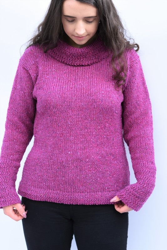 Cowl polo neck sweater with herringbone stitch edges – Pink – Rossan Knitwear