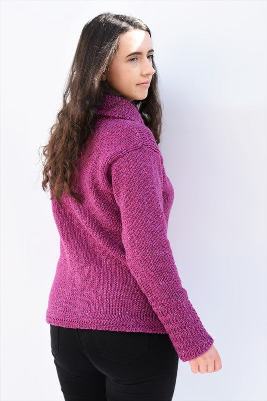 Cowl polo neck sweater with herringbone stitch edges – Pink – Rossan Knitwear - back