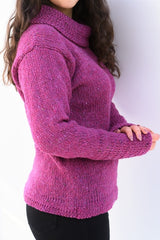 Cowl polo neck sweater with herringbone stitch edges – Pink – Rossan Knitwear - side