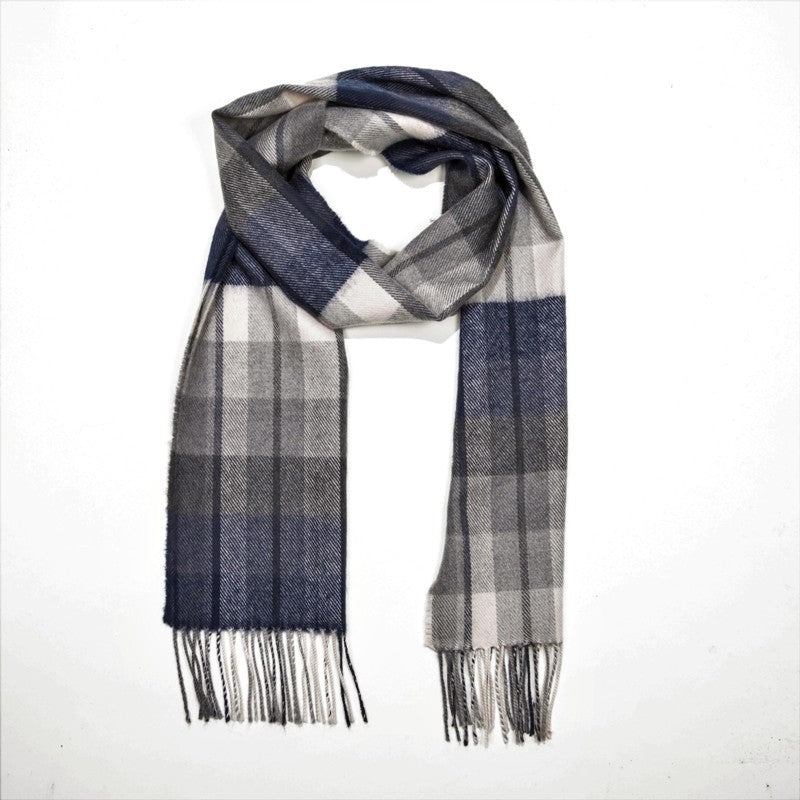 Fine Merino Scarf - Grey, White and Navy Check - John Hanly