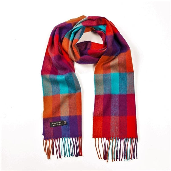 Fine Merino Scarf - Orange, Purple and Turquoise Block Check - John Hanly