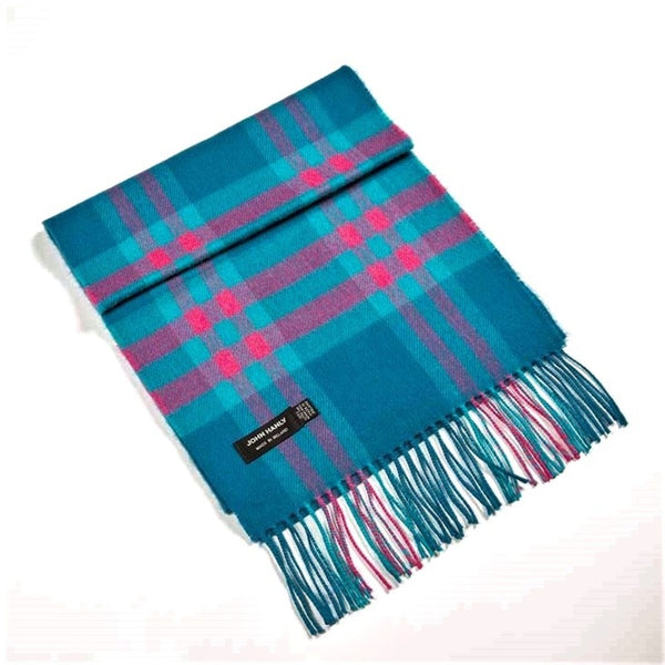 Fine Merino Scarf - Teal, Pink and Turquoise Check - John Hanly