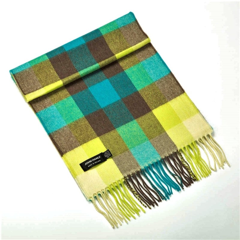 Fine Merino Scarf - Turquoise, Yellow and Brown Block Check - John Hanly
