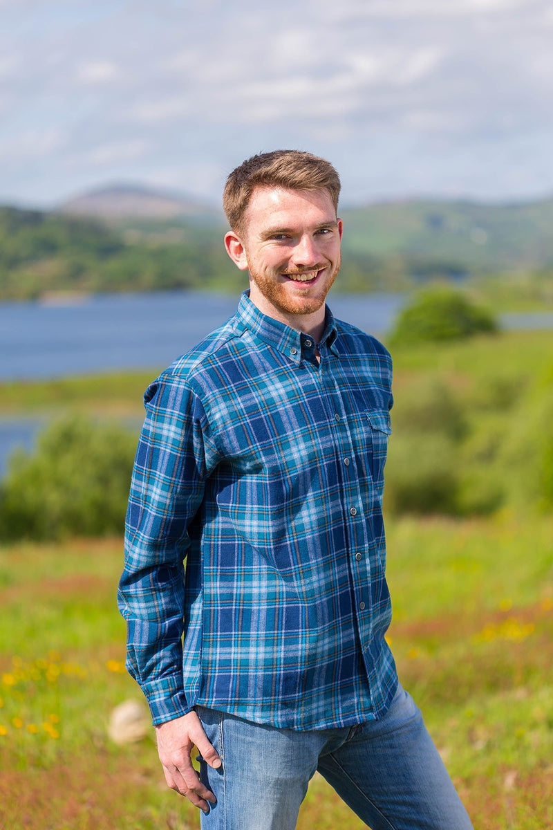 Flannel Collar Shirt - Lee Valley - blue & navy tartan with white and mustard - Front