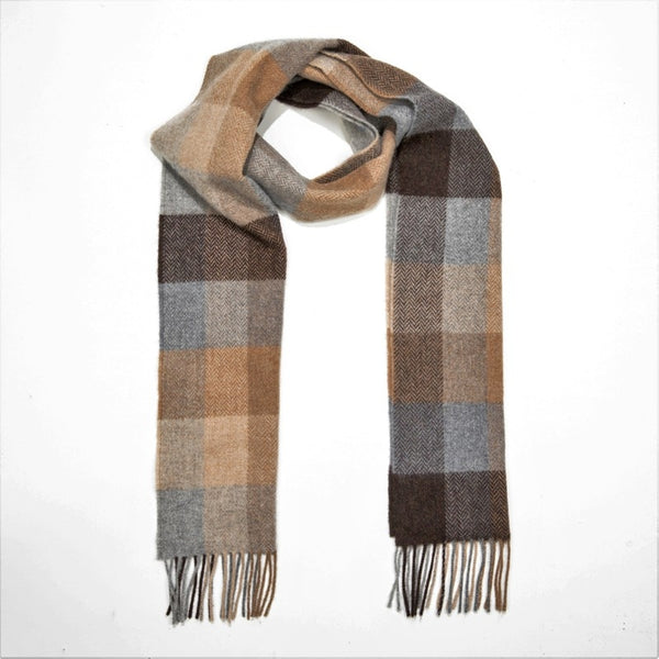 Lambswool Scarf - Beige, Brown and Grey Herringbone Block - John Hanly