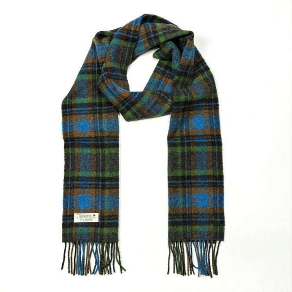 Lambswool Scarf - Green, Blue and Burnt Orange Check - John Hanly