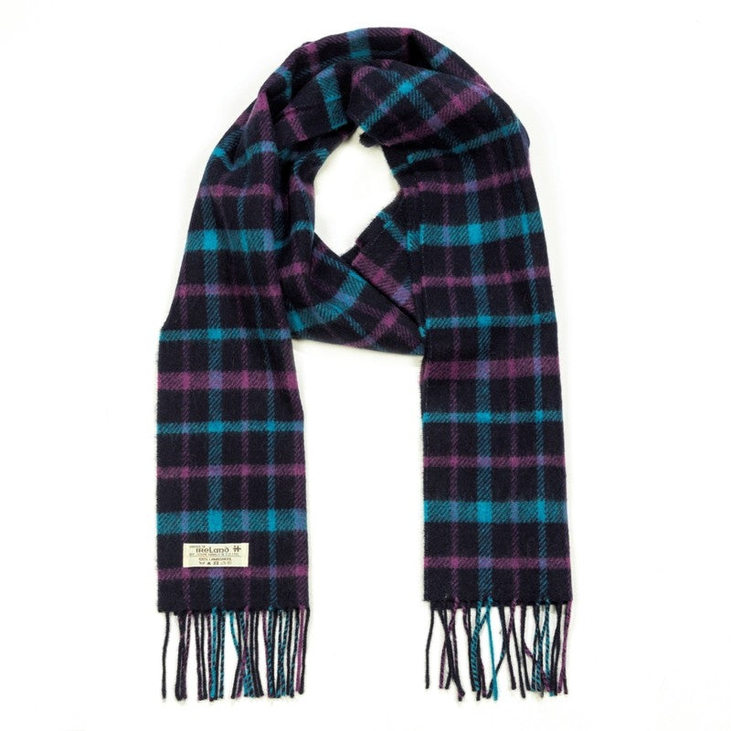 Lambswool Scarf - Navy, Turquoise and Purple Check - John Hanly