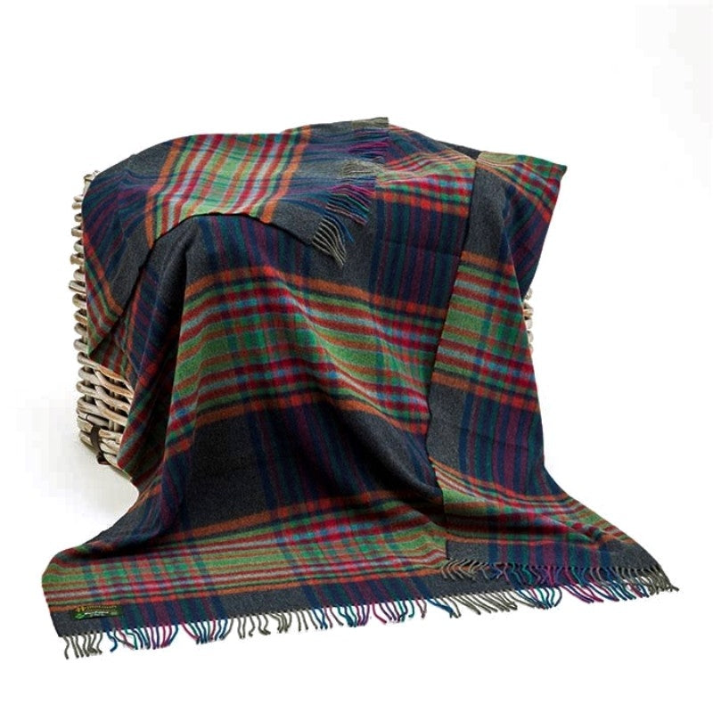 Lambswool Throw - denim blue, geen & red plaid- John Hanly