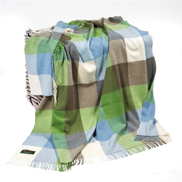 Lambswool Throw -  sky blue, green, cream & beige block check - John Hanly