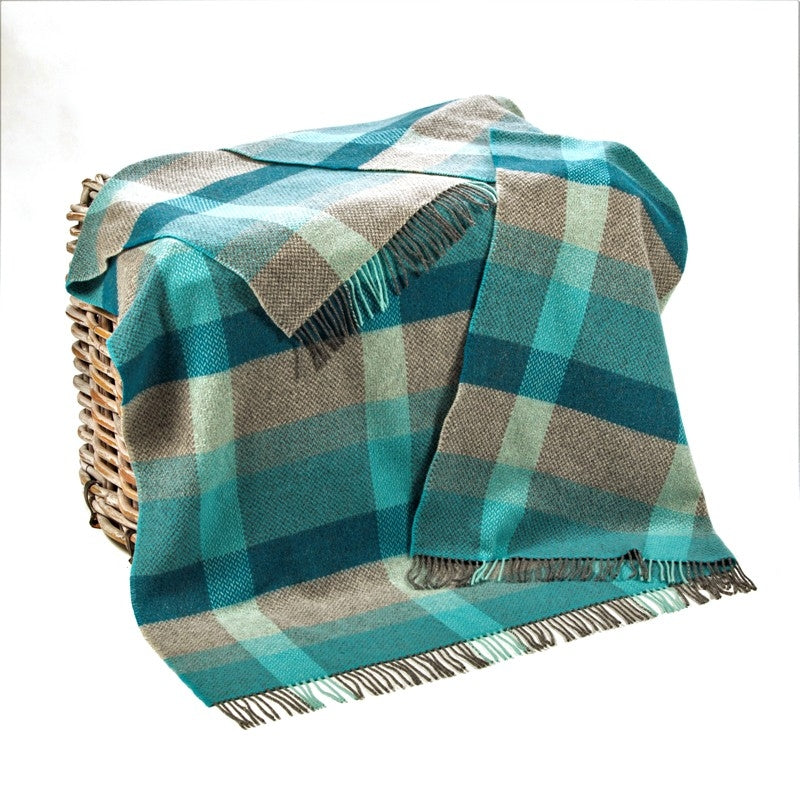 Merino and Cashmere Throw – Grey, Duck Egg, Aqua and Teal Herringbone - John Hanly