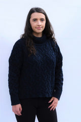 Turtleneck Cropped Aran Sweater – Navy – McConnell 