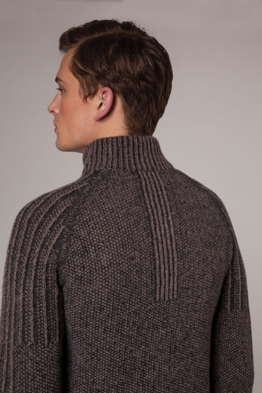 Zip Neck Sweater with Plated Ribbed Shoulder and Back Details – Walnut – Fisherman Out of Ireland