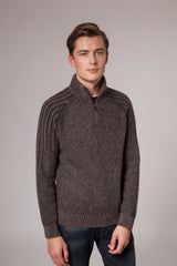 Zip Neck Sweater with Plated Ribbed Shoulder and Back Details – Walnut – Fisherman Out of Ireland - Front