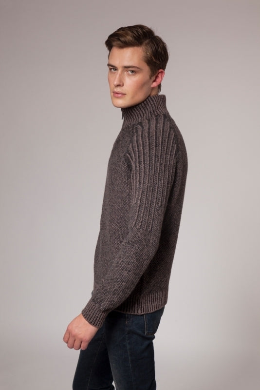 Zip Neck Sweater with Plated Ribbed Shoulder and Back Details – Walnut – Fisherman Out of Ireland